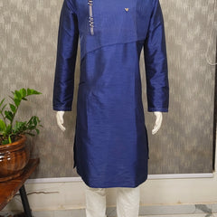 DESI BUTIK Men’s Navy Blue Asymmetric Designer Kurta With Churidar