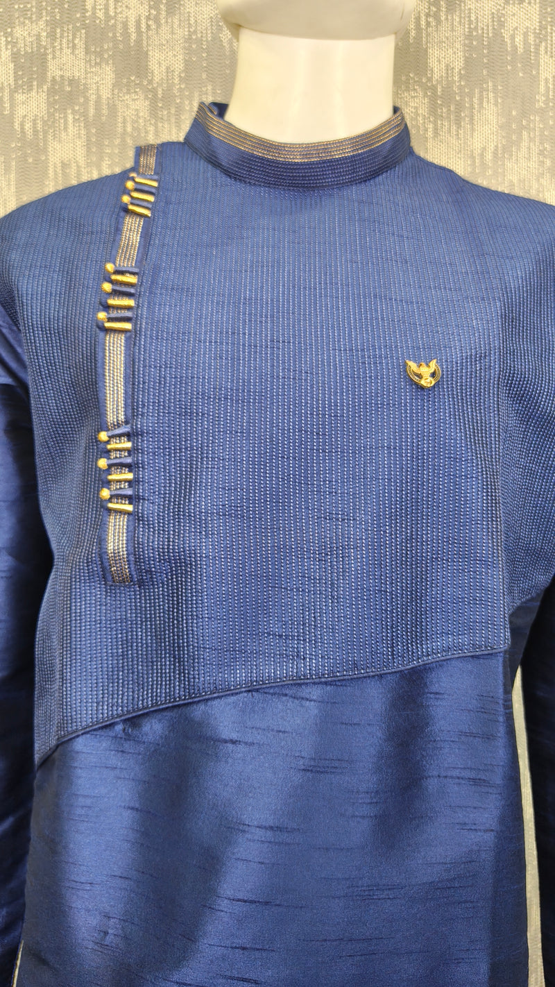 DESI BUTIK Men’s Navy Blue Asymmetric Designer Kurta With Churidar