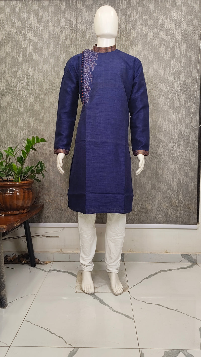 DESI BUTIK Men’s Navy Blue Embroidered Straight Kurta with White Churidar