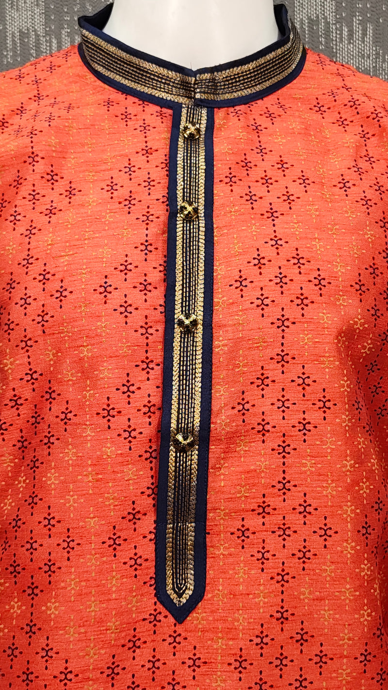 DESI BUTIK Men’s Red Printed Straight Kurta with White Churidar