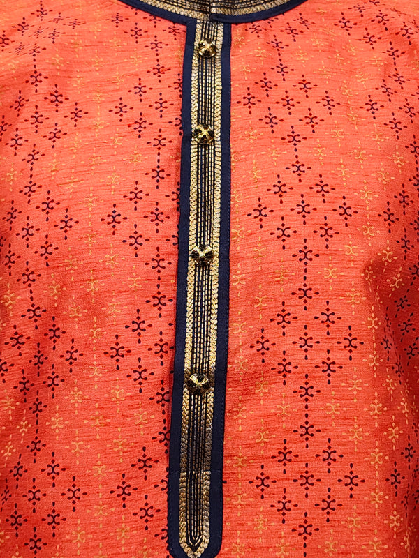 DESI BUTIK Men’s Red Printed Straight Kurta with White Churidar