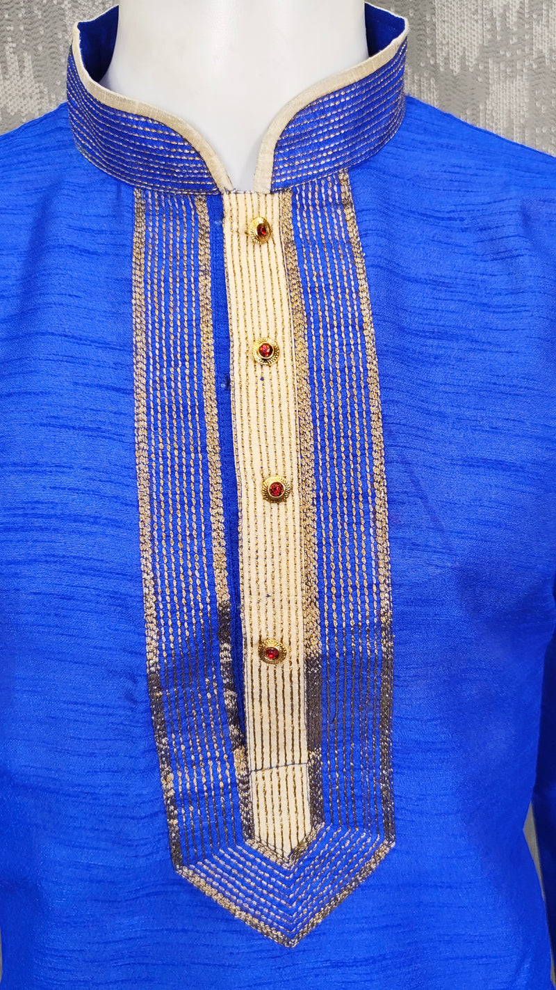 DESI BUTIK Men’s Royal Blue Straight Kurta with White Churidar