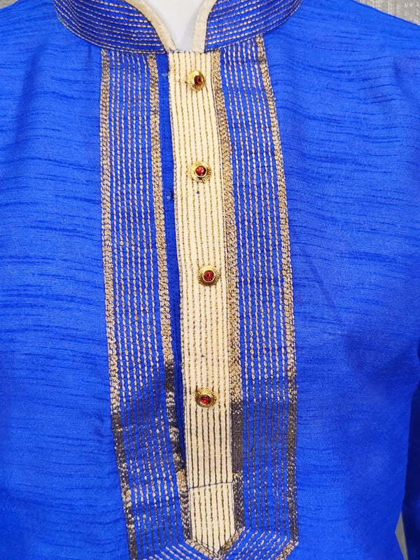 DESI BUTIK Men’s Royal Blue Straight Kurta with White Churidar