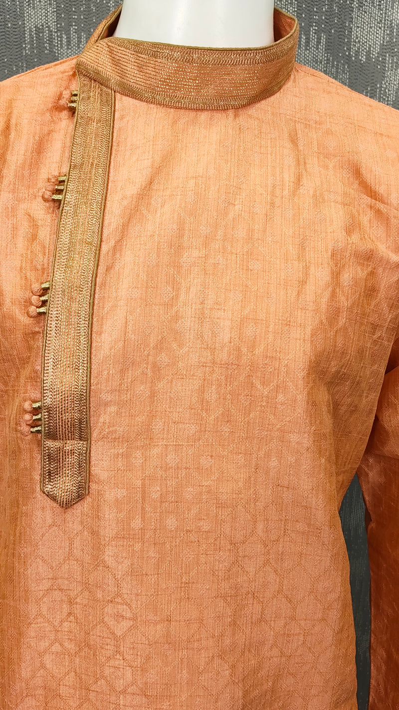 DESI BUTIK Men’s Peach Jacquard Straight Kurta with White Churidar
