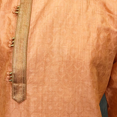 DESI BUTIK Men’s Peach Jacquard Straight Kurta with White Churidar