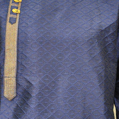 DESI BUTIK Men’s Navy Blue Jacquard Straight Kurta with White Churidar