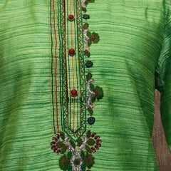 DESI BUTIK Men’s Green Embroidered Kurta with White Churidar Pant