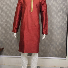 DESI BUTIK Men's Marron Jacquard Kurta Set