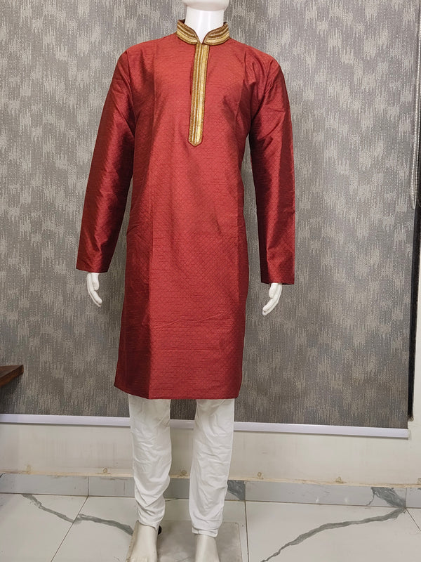 DESI BUTIK Men's Marron Jacquard Kurta Set