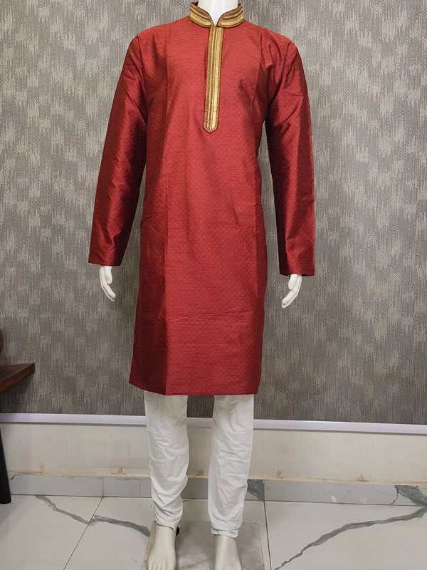 DESI BUTIK Men's Marron Jacquard Kurta Set