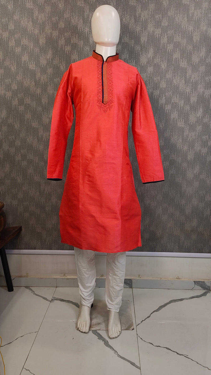 DESI BUTIK Men's Orange Embroidered Kurta Set