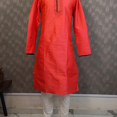 DESI BUTIK Men's Orange Embroidered Kurta Set