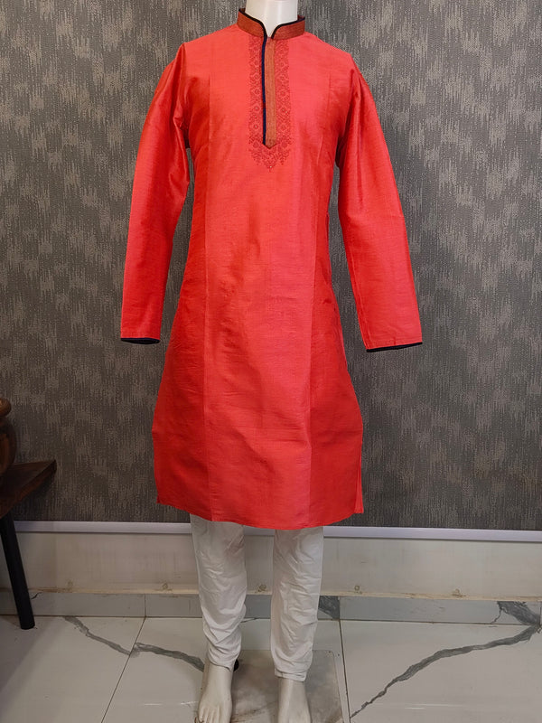DESI BUTIK Men's Orange Embroidered Kurta Set