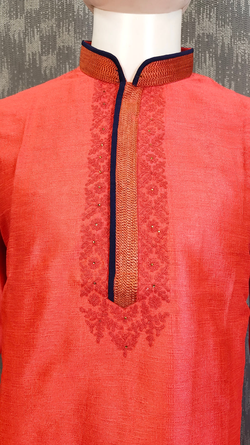 DESI BUTIK Men's Orange Embroidered Kurta Set