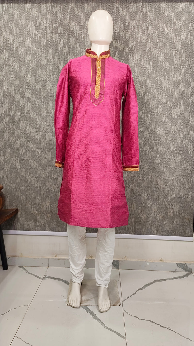 DESI BUTIK Men's Pink Jacquard  Kurta Set