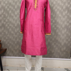 DESI BUTIK Men's Pink Jacquard  Kurta Set