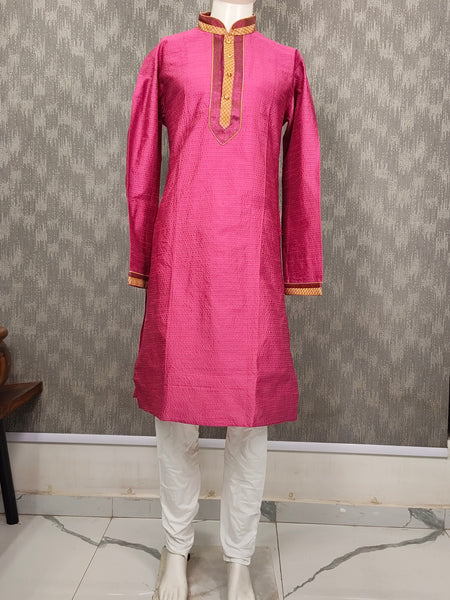 DESI BUTIK Men's Pink Jacquard  Kurta Set