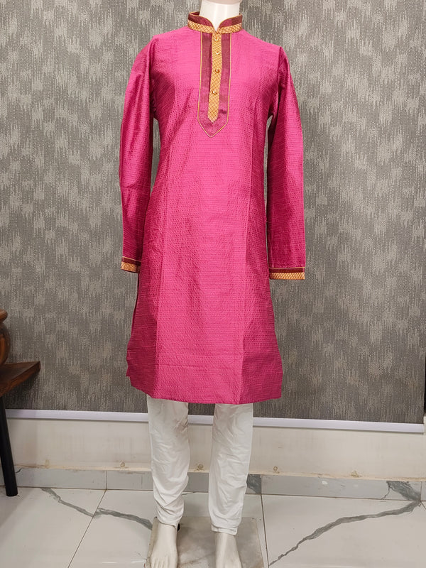 DESI BUTIK Men's Pink Jacquard  Kurta Set
