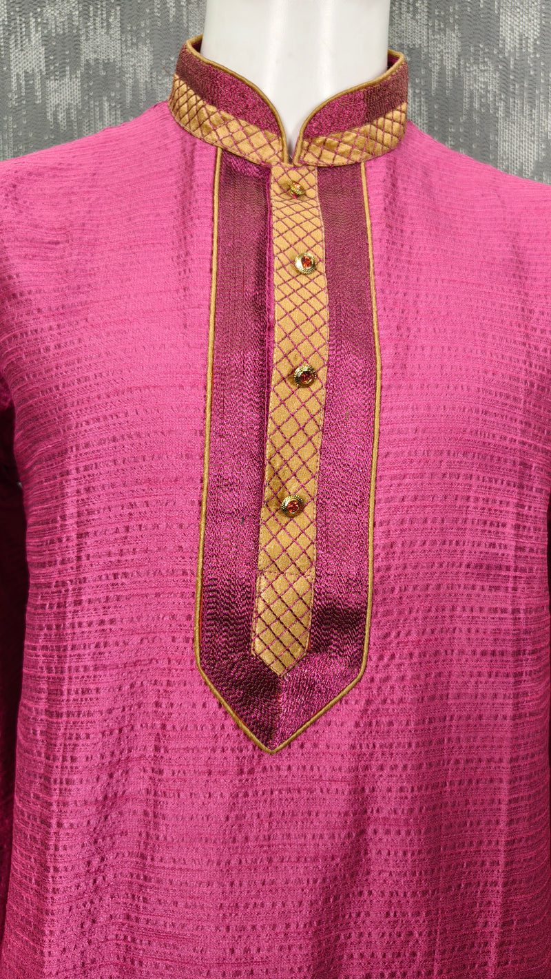 DESI BUTIK Men's Pink Jacquard  Kurta Set