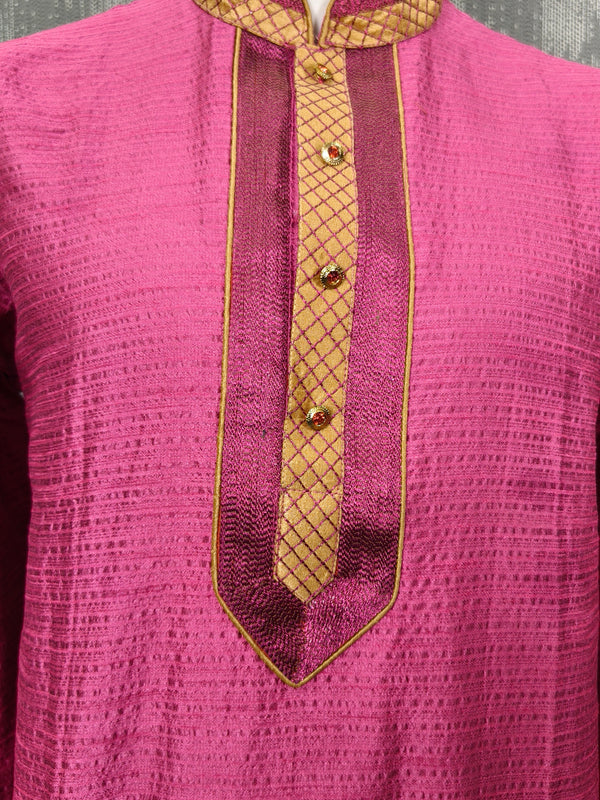 DESI BUTIK Men's Pink Jacquard  Kurta Set