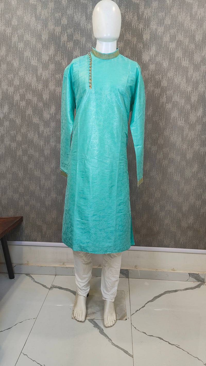 DESI BUTIK Men's Men's Blue Jacquard Kurta Set