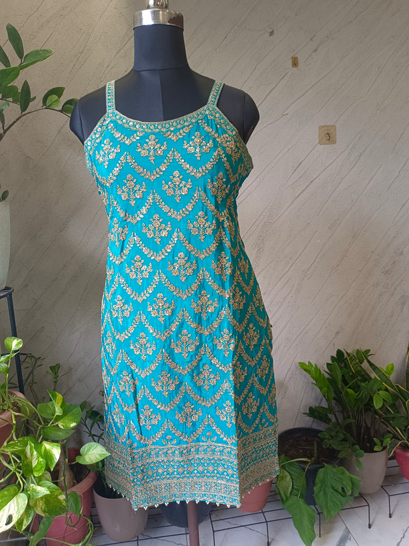 Women's Teal Embroidered Chinon Kurta Sharara Set with Dupatta & Potli Bag