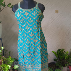 Women's Teal Embroidered Chinon Kurta Sharara Set with Dupatta & Potli Bag