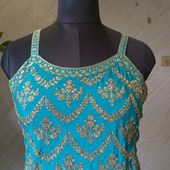 Women's Teal Embroidered Chinon Kurta Sharara Set with Dupatta & Potli Bag