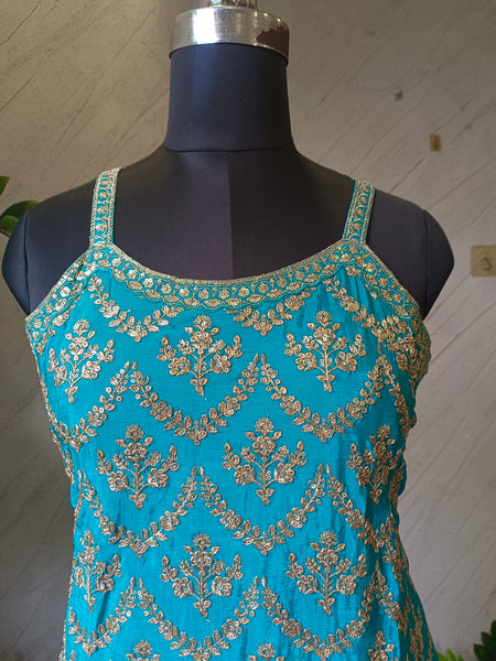 Women's Teal Embroidered Chinon Kurta Sharara Set with Dupatta & Potli Bag