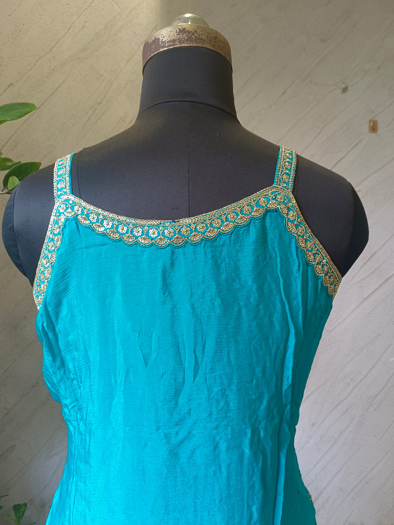Women's Teal Embroidered Chinon Kurta Sharara Set with Dupatta & Potli Bag