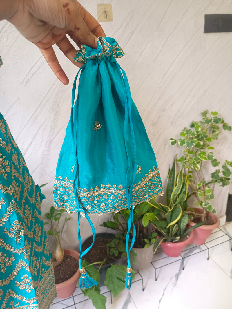 Women's Teal Embroidered Chinon Kurta Sharara Set with Dupatta & Potli Bag