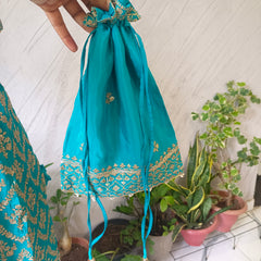 Women's Teal Embroidered Chinon Kurta Sharara Set with Dupatta & Potli Bag