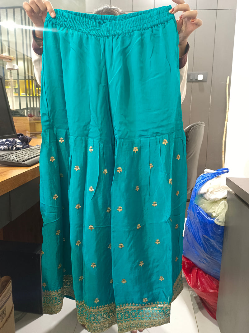 Women's Teal Embroidered Chinon Kurta Sharara Set with Dupatta & Potli Bag