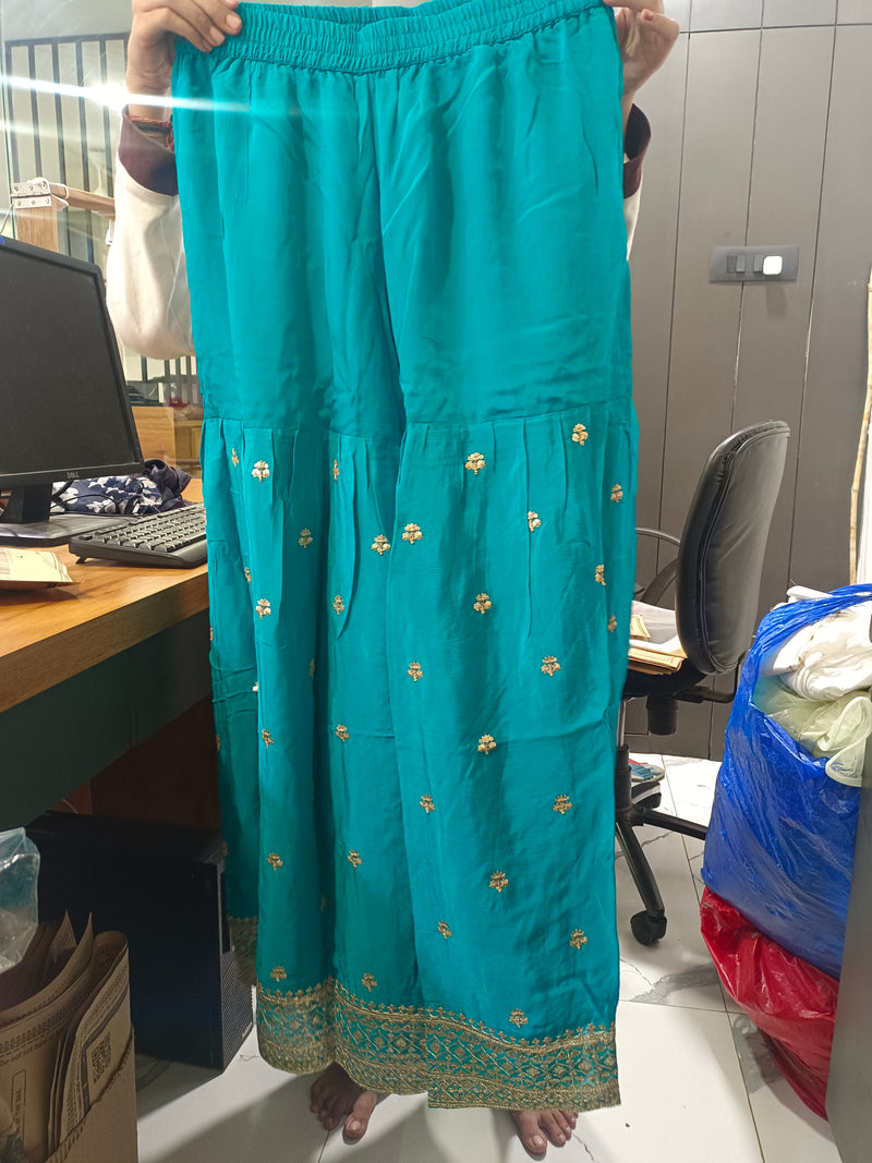 Women's Teal Embroidered Chinon Kurta Sharara Set with Dupatta & Potli Bag