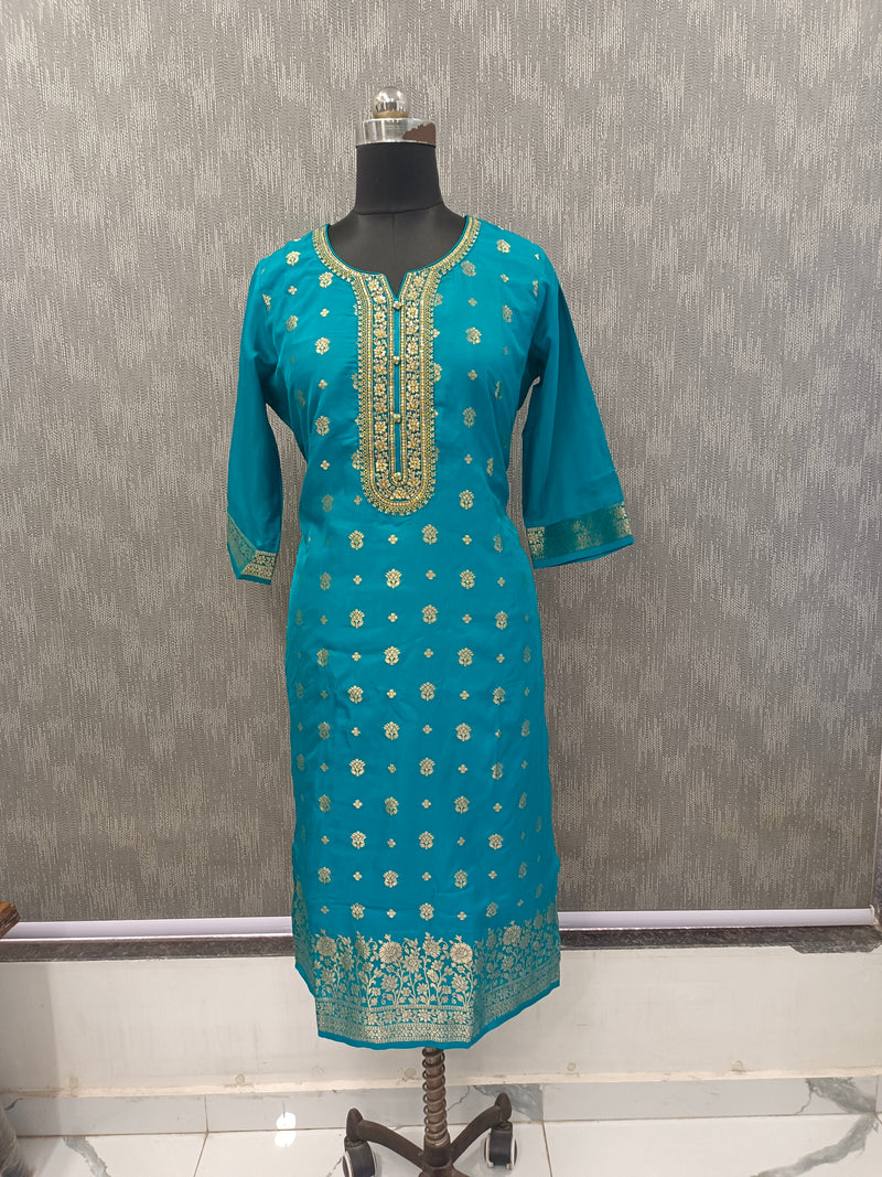 Women's Teal Embroidered Cotton Silk Kurta Set with Trousers & Dupatta