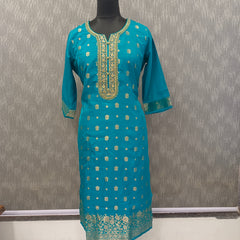 Women's Teal Embroidered Cotton Silk Kurta Set with Trousers & Dupatta