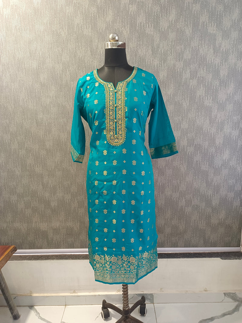 Women's Teal Embroidered Cotton Silk Kurta Set with Trousers & Dupatta