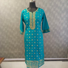 Women's Teal Embroidered Cotton Silk Kurta Set with Trousers & Dupatta