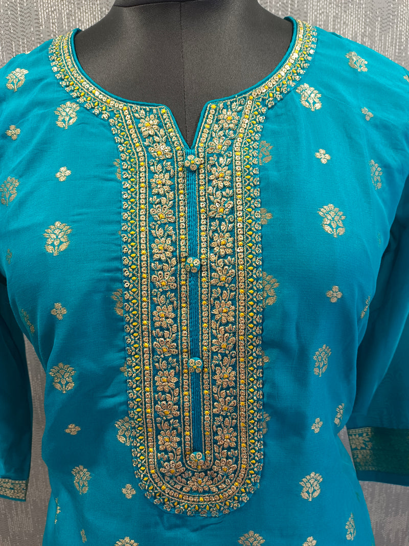 Women's Teal Embroidered Cotton Silk Kurta Set with Trousers & Dupatta