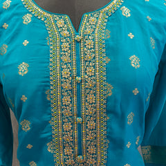 Women's Teal Embroidered Cotton Silk Kurta Set with Trousers & Dupatta
