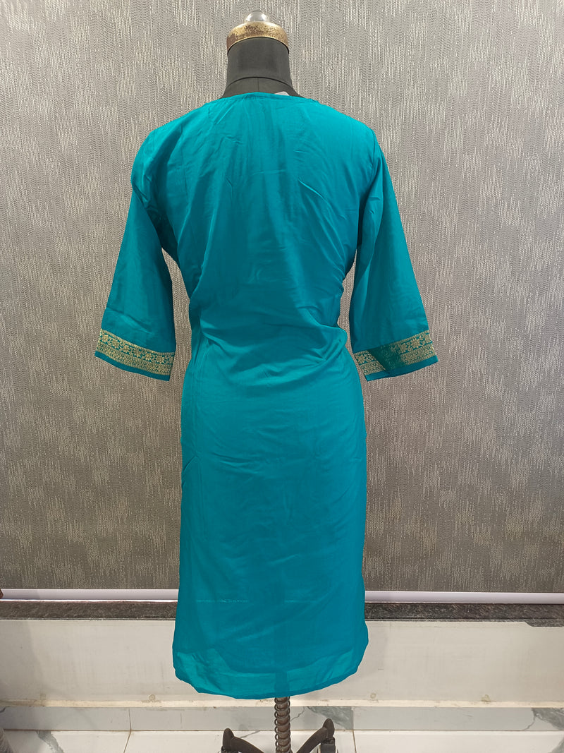 Women's Teal Embroidered Cotton Silk Kurta Set with Trousers & Dupatta