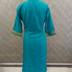Women's Teal Embroidered Cotton Silk Kurta Set with Trousers & Dupatta