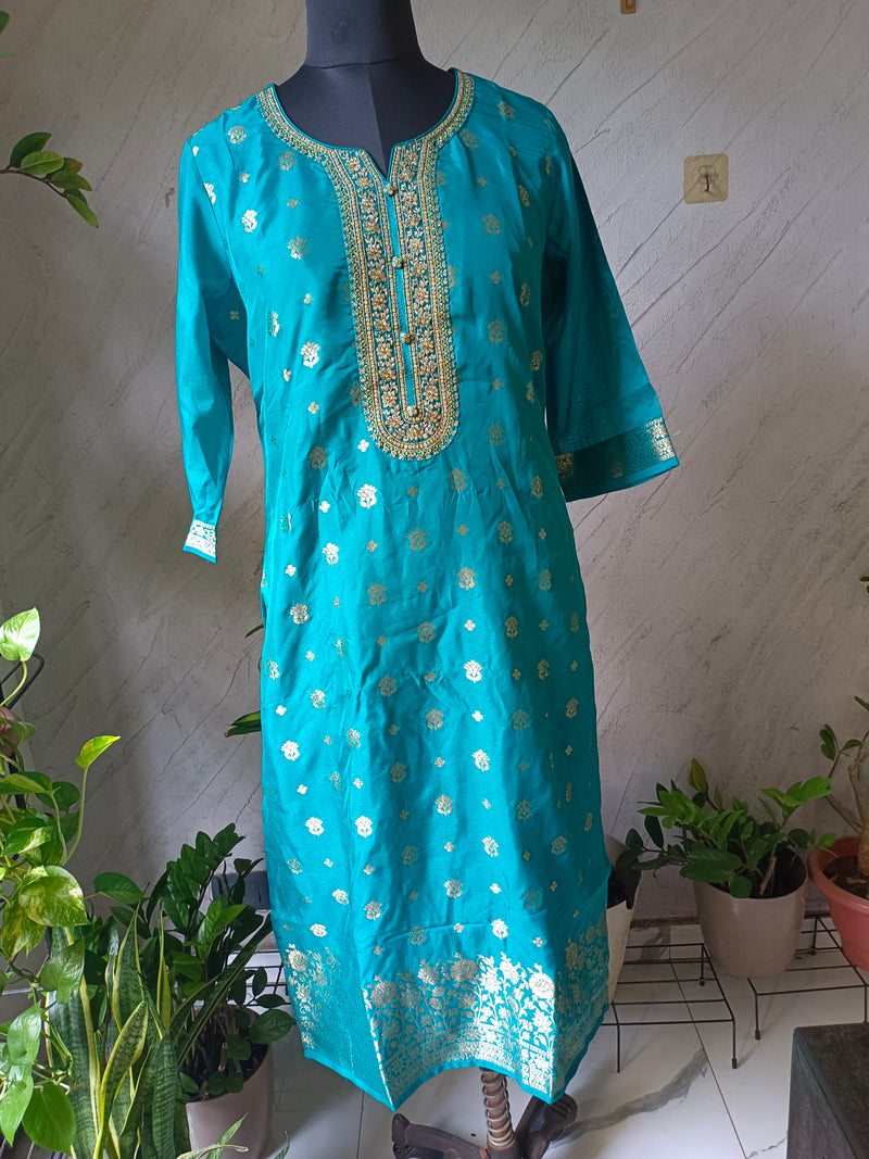 Women's Teal Embroidered Cotton Silk Kurta Set with Trousers & Dupatta