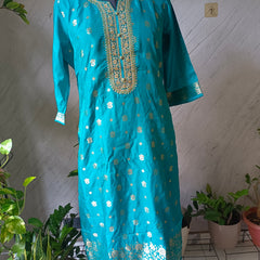 Women's Teal Embroidered Cotton Silk Kurta Set with Trousers & Dupatta