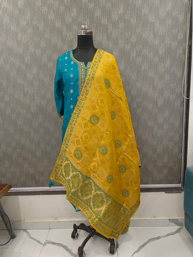 Women's Teal Embroidered Cotton Silk Kurta Set with Trousers & Dupatta