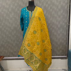 Women's Teal Embroidered Cotton Silk Kurta Set with Trousers & Dupatta