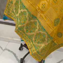 Women's Teal Embroidered Cotton Silk Kurta Set with Trousers & Dupatta