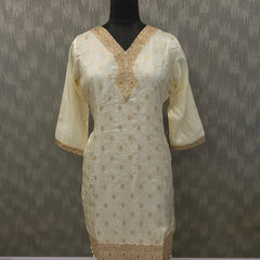 Women's Cream Embroidered Cotton Silk Kurta Set with Palazzos & Dupatta