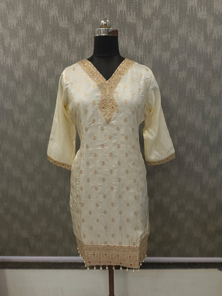 Women's Cream Embroidered Cotton Silk Kurta Set with Palazzos & Dupatta