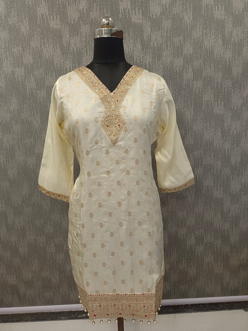 Women's Cream Embroidered Cotton Silk Kurta Set with Palazzos & Dupatta